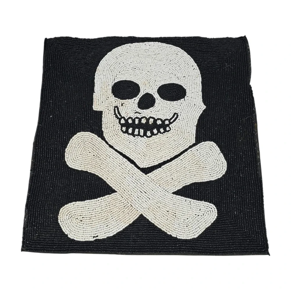 VTG Beaded Skull Crossbones Panel Tapestry Wall Art Jolly Roger 15x15 Handmade